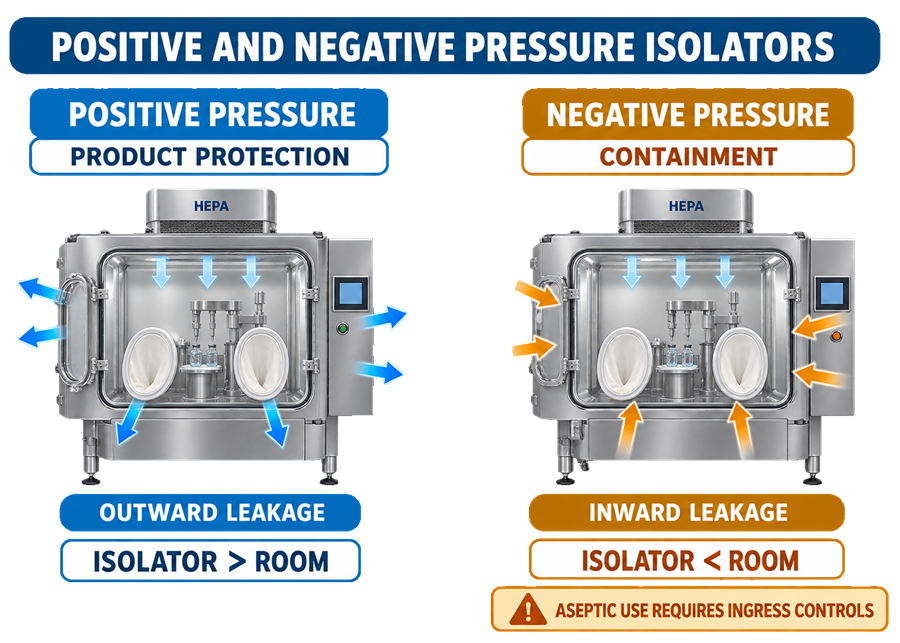 Comparison of positive-pressure and negative-pressure aseptic isolators showing leakage direction, product-protection objective, containment objective, and principal validation risks.