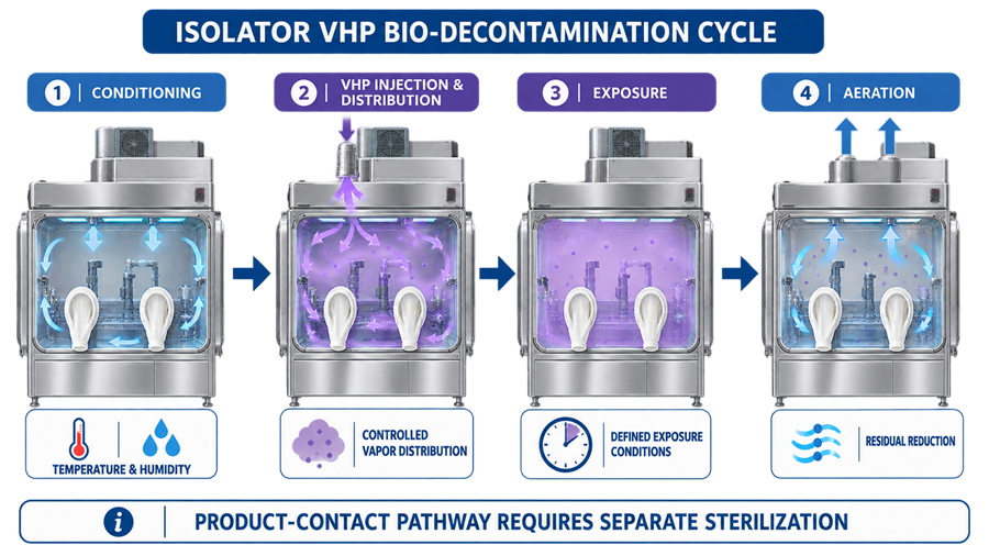 Representative vaporized hydrogen peroxide bio-decontamination cycle showing conditioning, injection and distribution, exposure, and aeration phases.