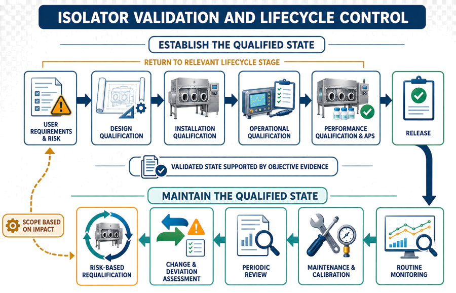 Isolator validation lifecycle from user requirements and design qualification through IQ, OQ, process integration, routine monitoring, change control, and risk-based requalification.