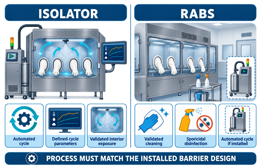 Comparison of automated isolator bio-decontamination and validated RABS cleaning and sporicidal disinfection processes