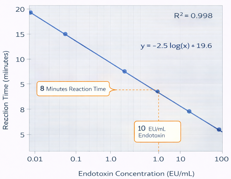 Kinetic chromogenic BET standard curve showing the inverse relationship between log endotoxin concentration and reaction time