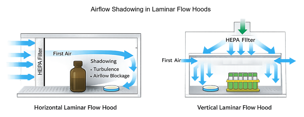 Airflow shadowing and disruption in horizontal and vertical laminar flow hoods