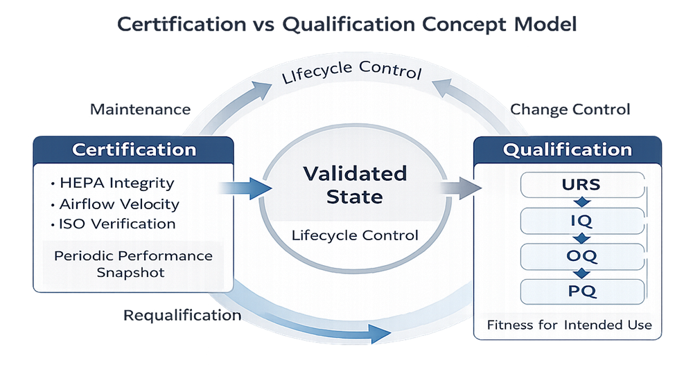 Certification, qualification, and lifecycle control relationship for biosafety cabinets and laminar flow hoods