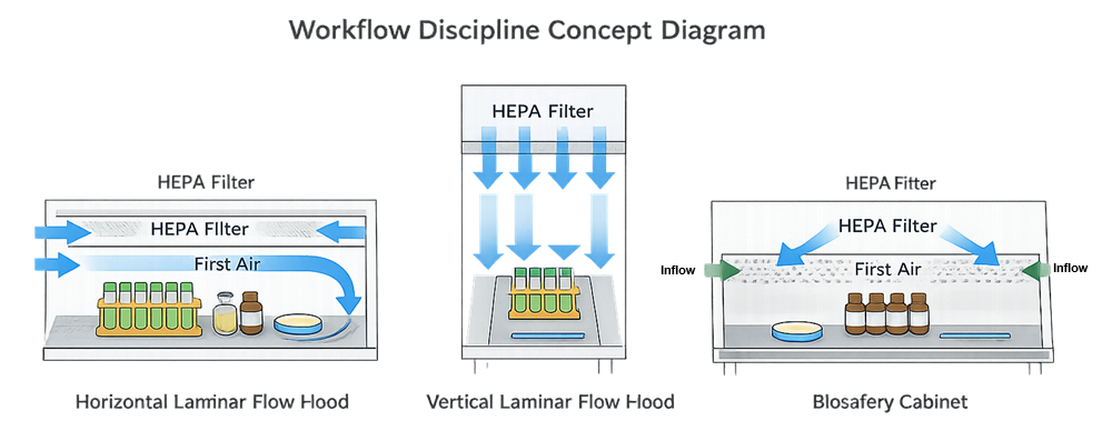 Work-zone staging in horizontal and vertical laminar flow hoods and a biosafety cabinet