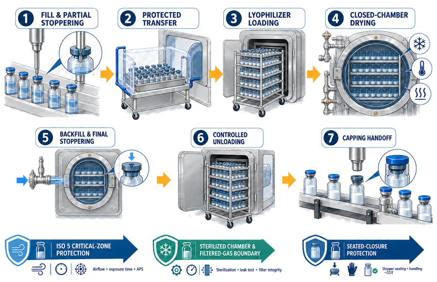 Lyophilization–aseptic filling interface lifecycle from partial stoppering through protected transfer, lyophilizer loading, closed-chamber drying, final stoppering, unloading, and capping.