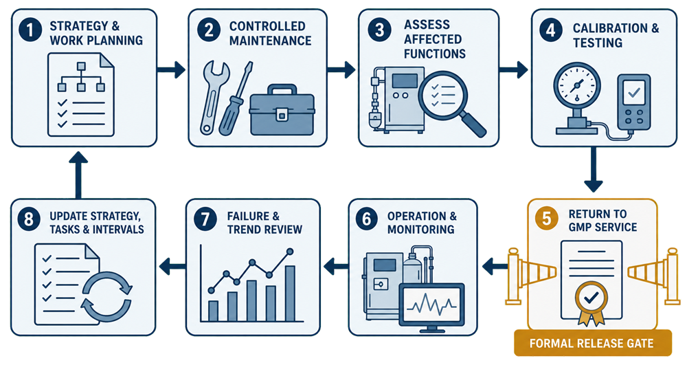 Maintenance and qualified-state lifecycle connecting work planning, controlled maintenance, affected-function assessment, calibration and testing, formal return to GMP service, operation, reliability monitoring, and program review.