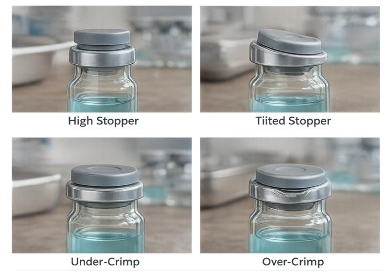 Examples of high stopper, tilted stopper, under-crimp, and over-crimp defects in stoppered and capped pharmaceutical vials.