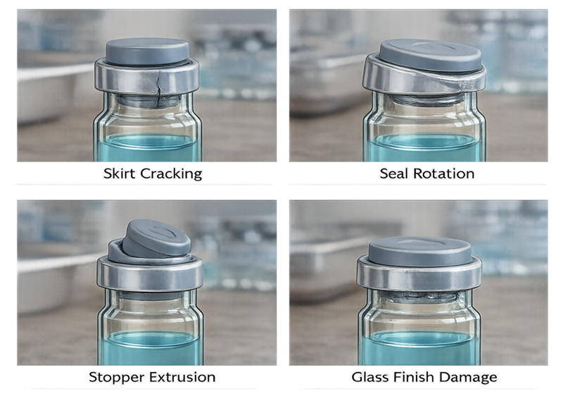 Examples of aluminum skirt cracking, cap rotation, stopper extrusion, and glass vial-finish damage in capped pharmaceutical vials.
