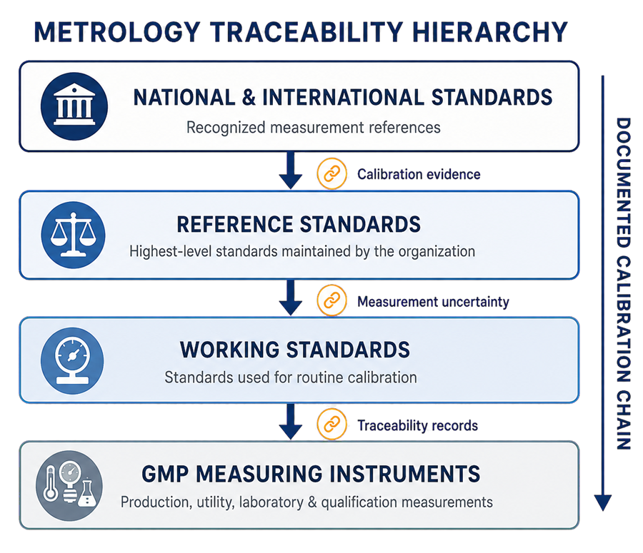 Metrology traceability hierarchy connecting national and international standards, reference standards, working standards, and GMP measuring instruments through a documented calibration chain.