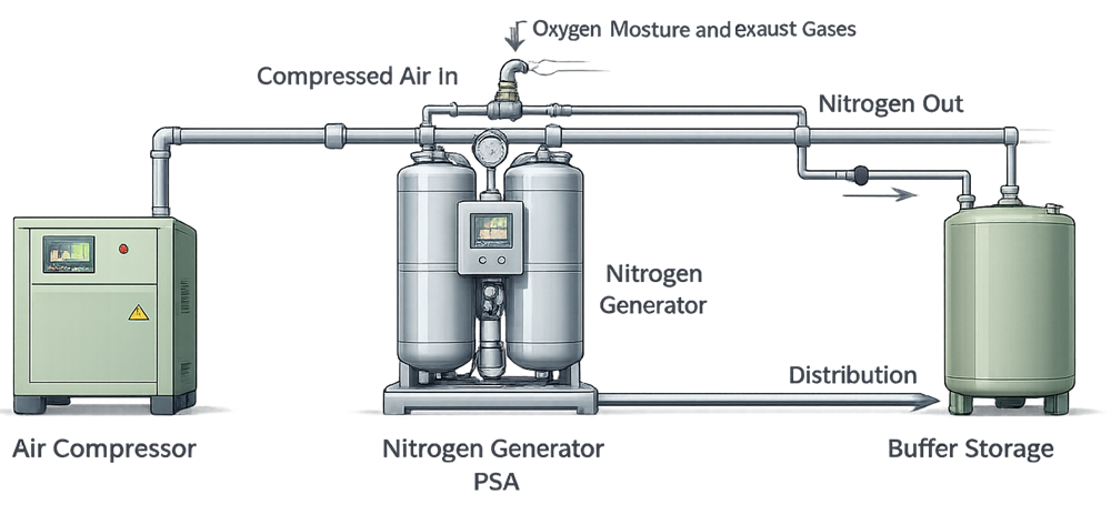 On-site PSA nitrogen generation system from compressed-air feed through generation and buffer storage to distribution.
