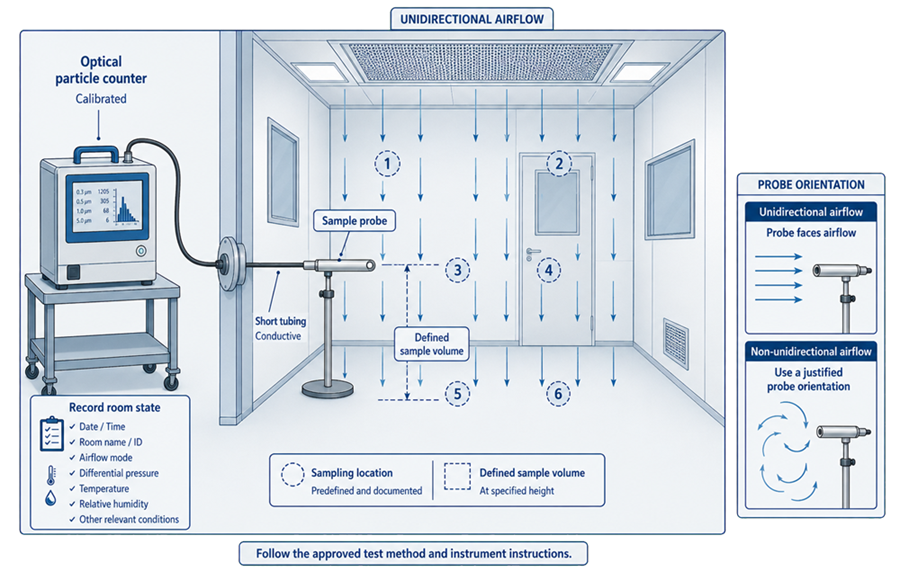 Nonviable airborne-particle sampling using an optical particle counter, short conductive tubing, defined sampling locations, and an appropriately oriented sample probe.