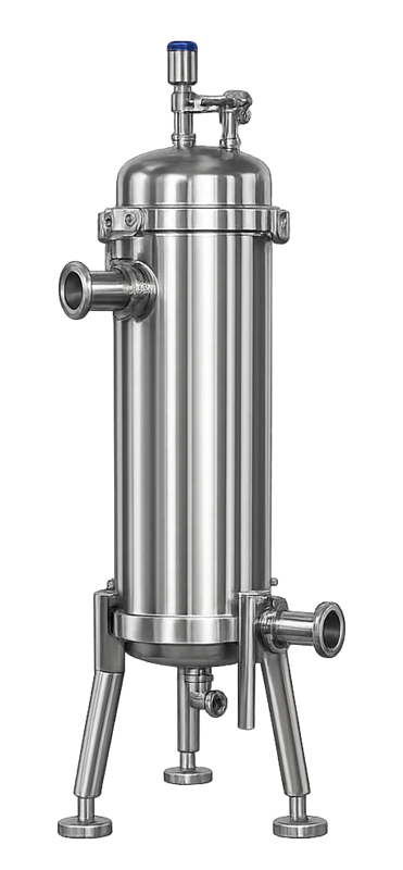 Stainless-steel sanitary filter housing with product inlet, filtrate outlet, vent, drain, and sanitary process connections.