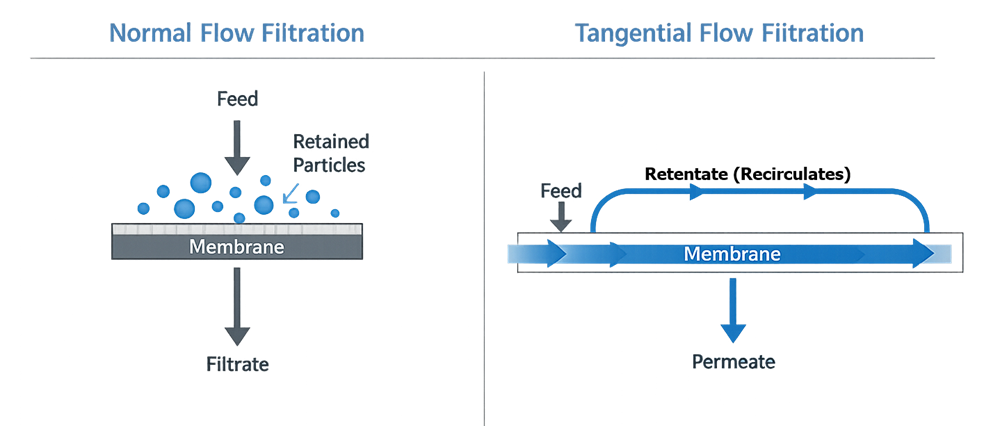 Normal-flow and tangential-flow filtration comparison showing linear filtrate flow, retained material, permeate removal, and retentate recirculation.