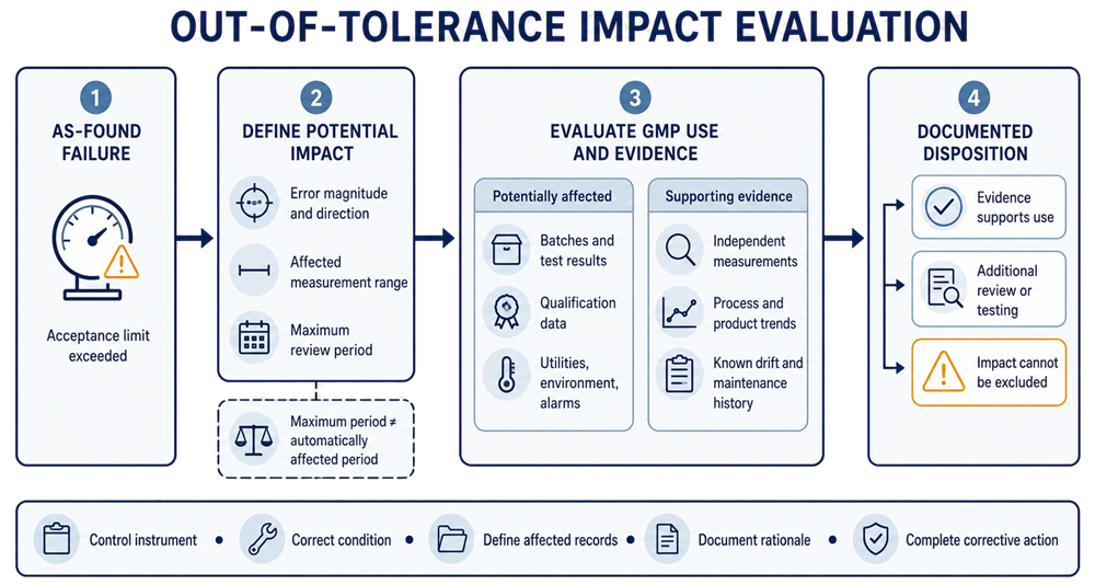 Out-of-tolerance calibration impact evaluation defining instrument error, potentially affected period, GMP uses, supporting evidence, documented disposition, and corrective action.