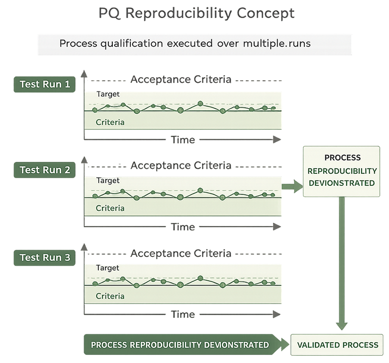 Diagram titled “PQ Reproducibility Concept” showing three consecutive PQ runs with critical process parameter trends remaining within defined acceptance limits over time, leading to demonstration of process reproducibility and validated process status.