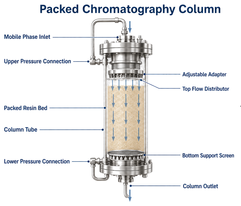 Cutaway of a packed process chromatography column identifying the inlet, adapter, distributor, resin bed, support screen, pressure connections, and outlet.
