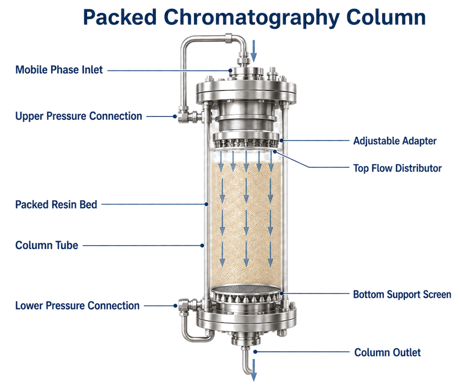Cutaway of a packed chromatography column showing the mobile-phase inlet, pressure connections, adjustable adapter, flow distributor, packed resin bed, column tube, bottom support screen, outlet, and downward flow.
