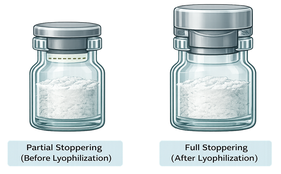 Comparison of a partially stoppered vial before lyophilization and a fully stoppered vial after final stoppering in the lyophilizer.