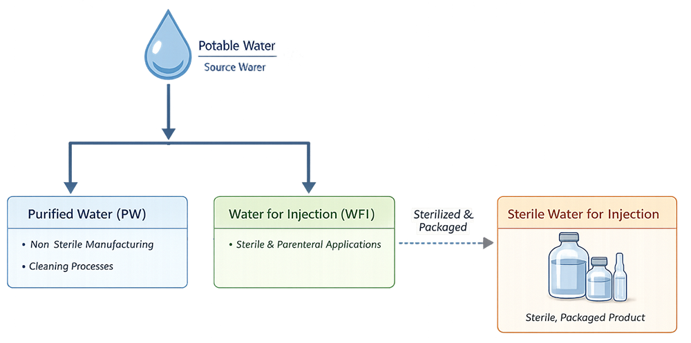 Diagram illustrating pharmaceutical water quality categories, showing Potable Water as feed, Purified Water and Water for Injection as on-site utilities, and Sterile Water for Injection as a separately packaged product