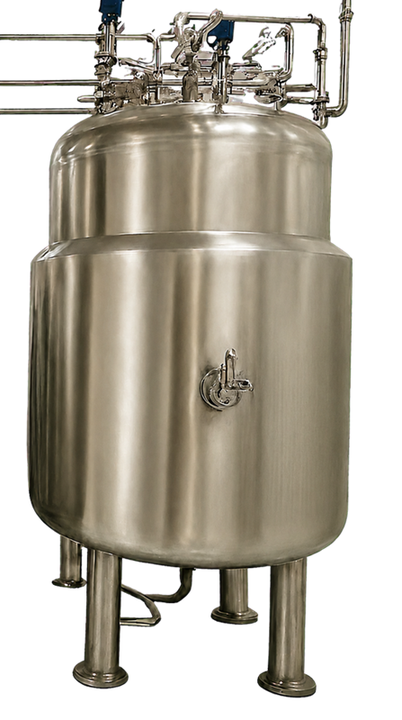 Hygienic pharmaceutical-water storage tank with vent-filter housing, level instrumentation, sanitary connections, recirculation return, and drainable lower outlet.