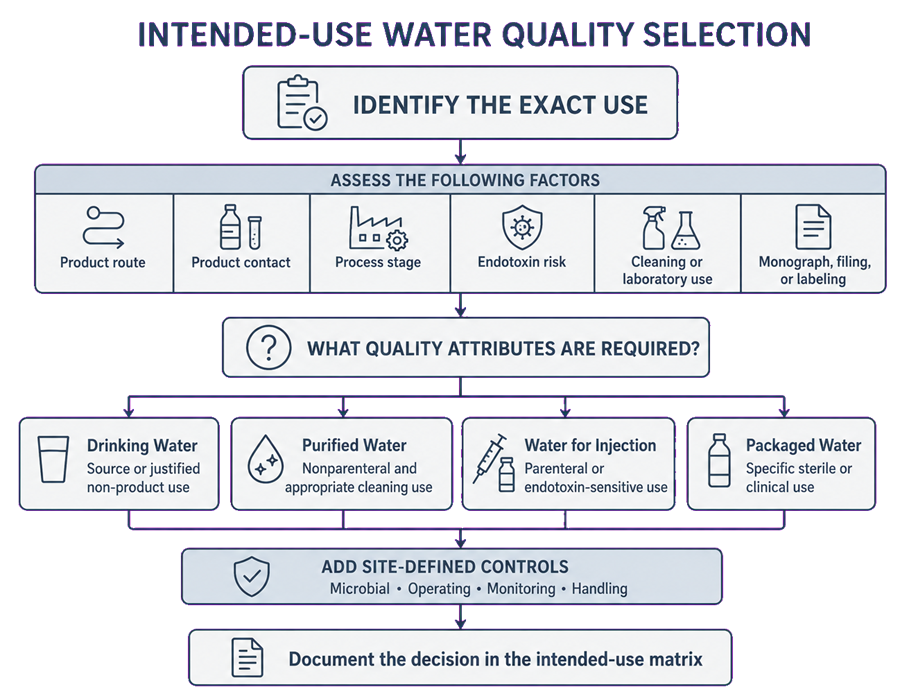 Decision diagram selecting pharmaceutical water quality from product route, product contact, process stage, endotoxin risk, cleaning stage, laboratory method, clinical application, and applicable compendial or regulatory requirements.