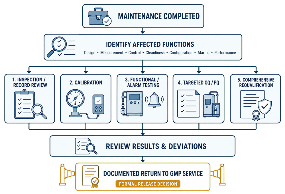 Post-maintenance verification decision connecting affected equipment functions to inspection, calibration, functional testing, targeted qualification, comprehensive requalification, results review, and formal return to GMP service.