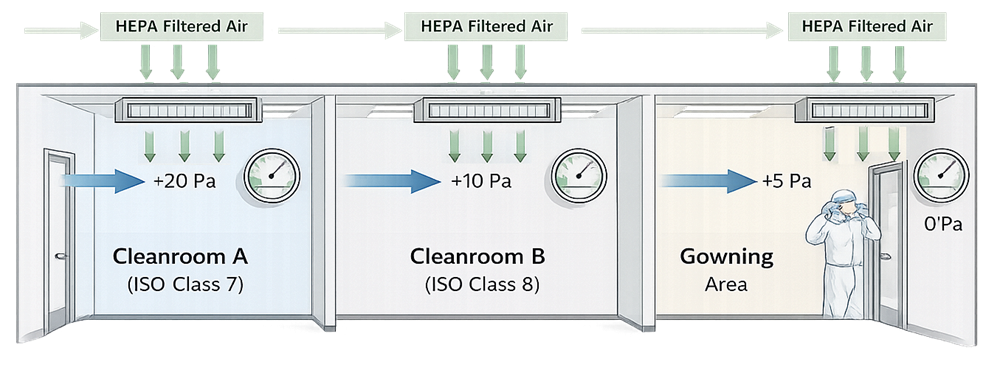 Diagram showing pressure cascade and controlled airflow in a GMP facility, with HEPA-filtered air supplied downward into ISO Class 7 and ISO Class 8 cleanrooms and airflow moving from higher-pressure clean areas toward lower-pressure support areas to prevent cross-contamination.