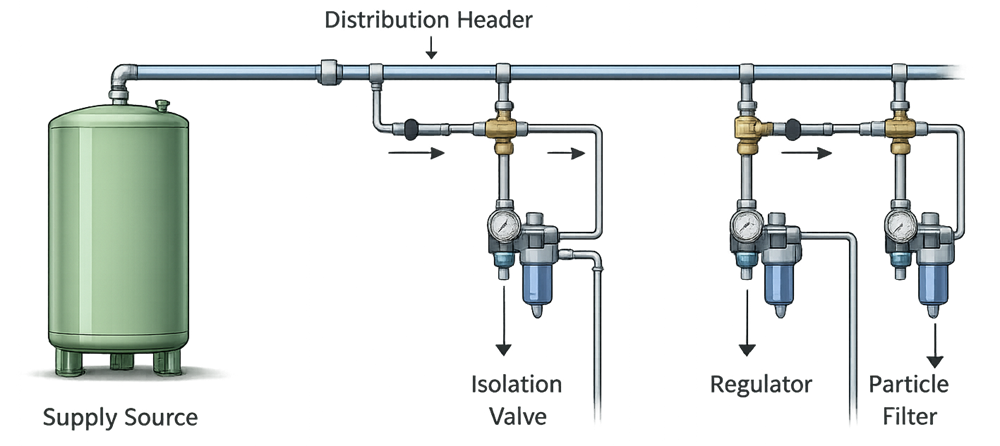 Process gas distribution header with isolation, regulation, and point-of-use filtration.