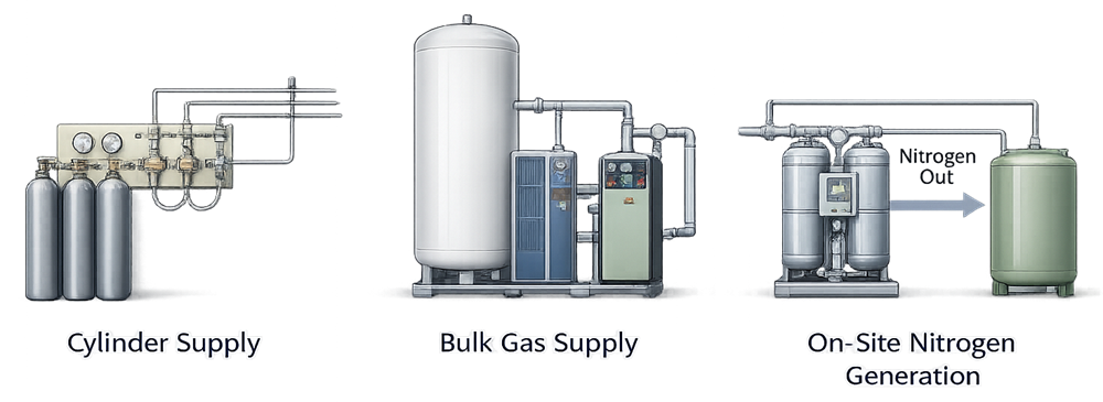Process gas supply models including cylinder banks, bulk storage, and on-site nitrogen generation.