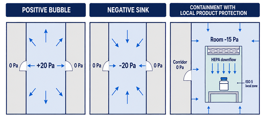 Comparison of a positive-pressure bubble, a negative-pressure sink, and a negative containment room with a local ISO 5 HEPA-filtered product-protection zone.