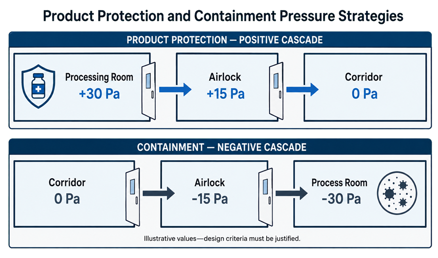 Comparison of positive and negative pressure cascades across three connected rooms, showing outward airflow for product protection and inward airflow for containment through an intermediate-pressure airlock.