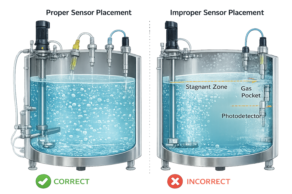 Bioreactor cross-section showing correct and incorrect placement of process sensors relative to impeller and sparger.