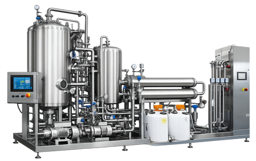  Skid-mounted pharmaceutical Purified Water generation system with stainless-steel piping, pumps, membrane housings, instruments, and integrated controls.
