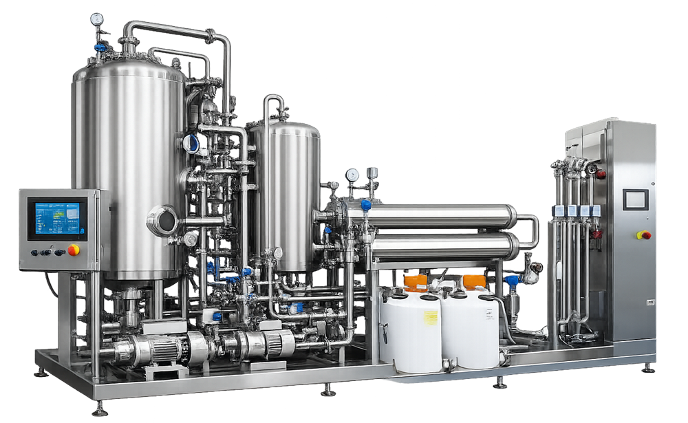 Photograph of a skid-mounted pharmaceutical water purification system used for generation of Purified Water 
