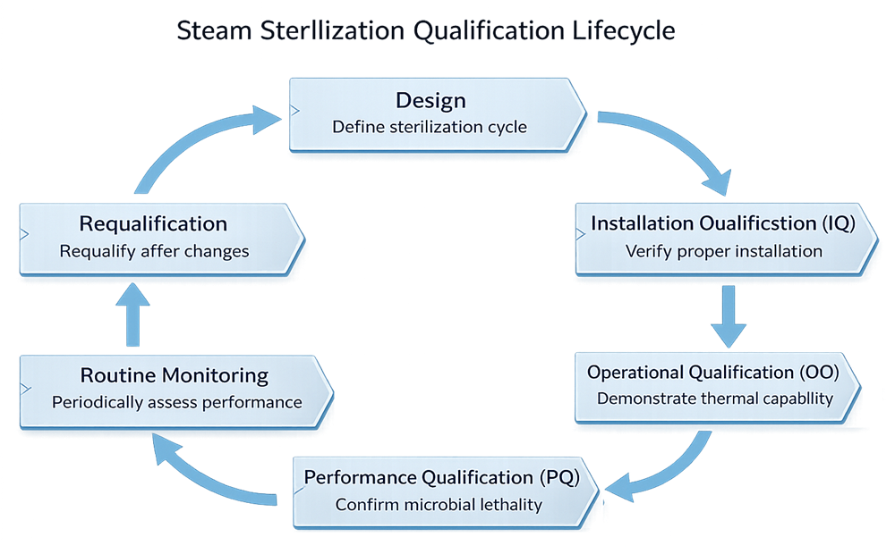 Steam sterilizer qualification lifecycle progressing from design through Installation Qualification, Operational Qualification, Performance Qualification, routine monitoring, and requalification.