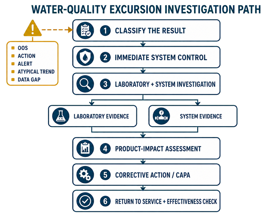 Water-quality excursion investigation path from result classification and immediate control through laboratory and system investigation, product-impact assessment, CAPA, and return to service.