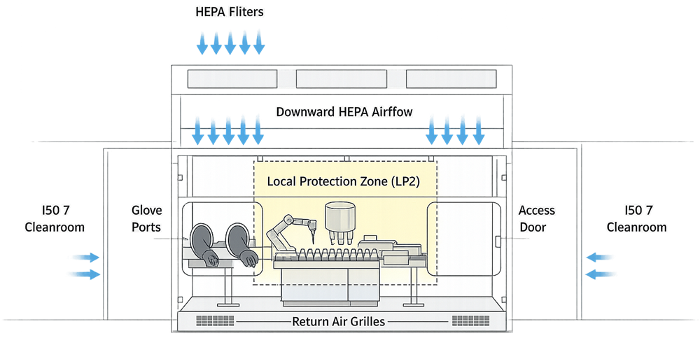 RABS architecture showing HEPA-filtered downflow, barrier panels, glove ports, filling equipment, local protection zone, return-air grilles, and supporting cleanroom.