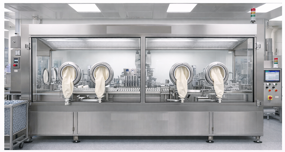 Pharmaceutical restricted access barrier system enclosing an aseptic filling line with glove ports, viewing panels, controls, and protected processing equipment.