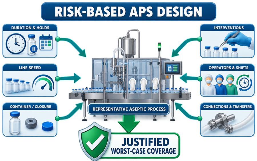 Risk-based APS design integrating duration, line speed, container and closure configuration, interventions, operators and shifts, and aseptic connections and transfers.