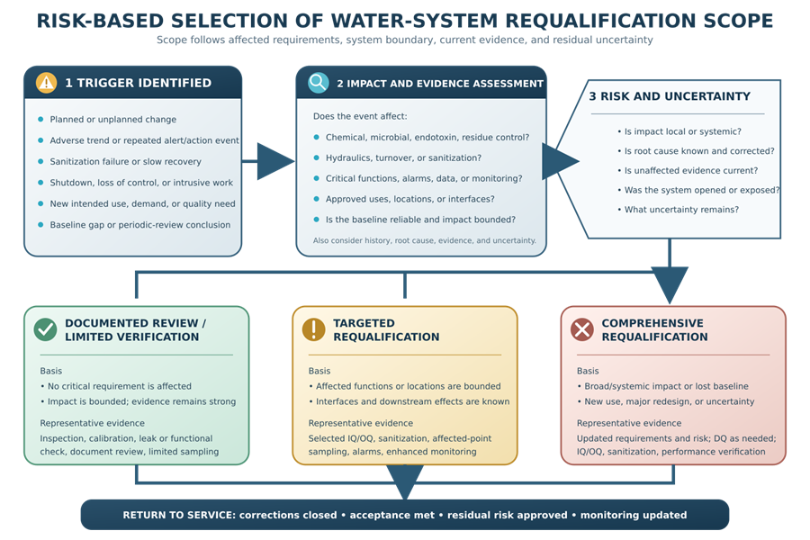 Pharmaceutical-water requalification decision diagram showing a trigger followed by impact and risk assessment, leading to documented review, targeted requalification, or comprehensive requalification.