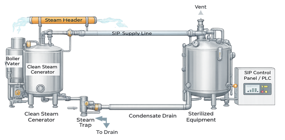 Typical steam-in-place system architecture showing clean-steam generation, steam supply, sterilized equipment, venting, condensate drainage, and PLC control.