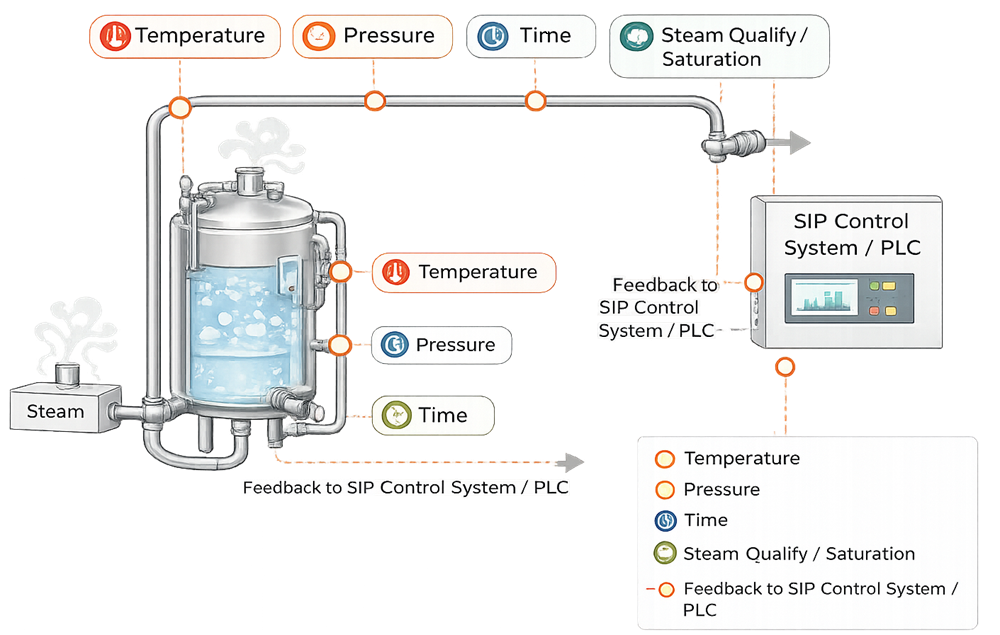 SIP critical process parameters and control feedback showing temperature, pressure, exposure time, steam quality, and PLC-based cycle monitoring.