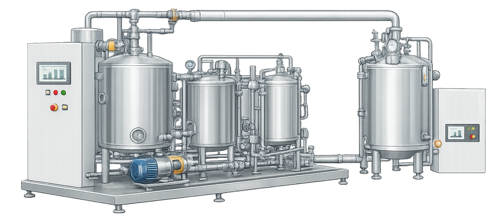 Stainless-steel SIP skid and connected process vessel with steam piping, valves, instrumentation, condensate management, and control panels.