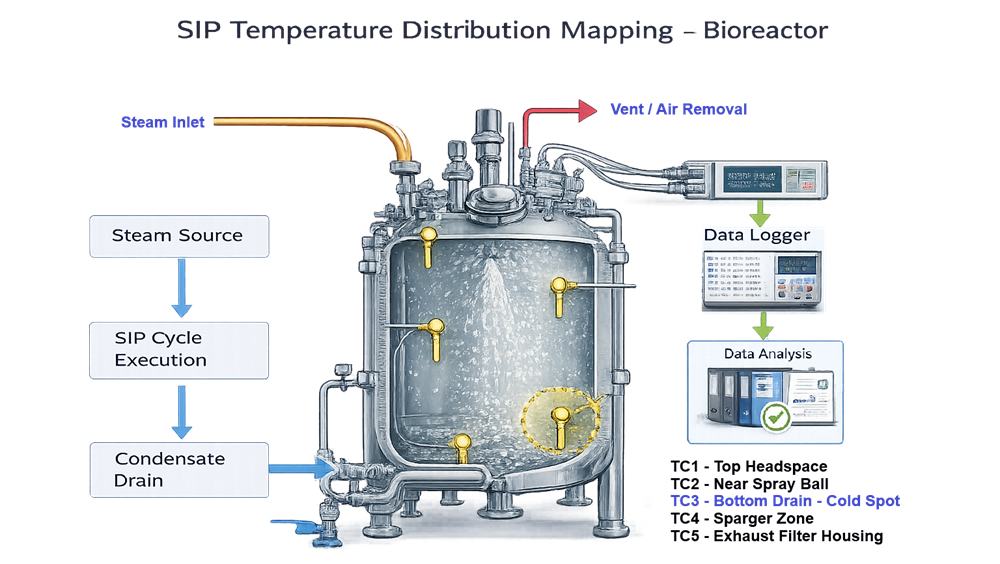 Bioreactor SIP temperature mapping with sensors at the headspace, spray device, sparger, bottom drain, and exhaust-filter housing