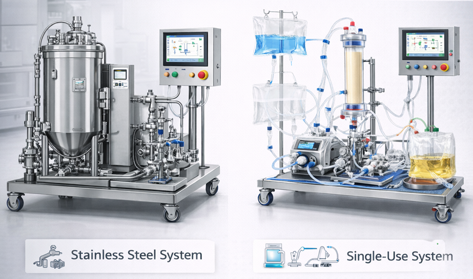 Comparison of reusable stainless-steel and single-use chromatography skid configurations.