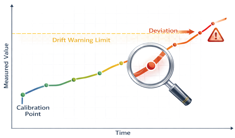 Sensor calibration drift increasing over operating time or repeated sterilization cycles toward warning and acceptance limits