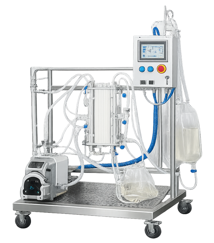 Single-use tangential-flow filtration system with disposable tubing, membrane cassette, feed assembly, peristaltic pump, and reusable control frame.