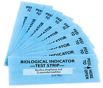 Packaged biological-indicator spore strips used for sterilization validation and process monitoring.