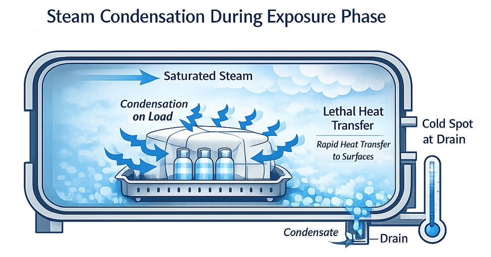 Saturated steam condensing on a moist-heat sterilizer load, releasing latent heat while condensate drains from the chamber.