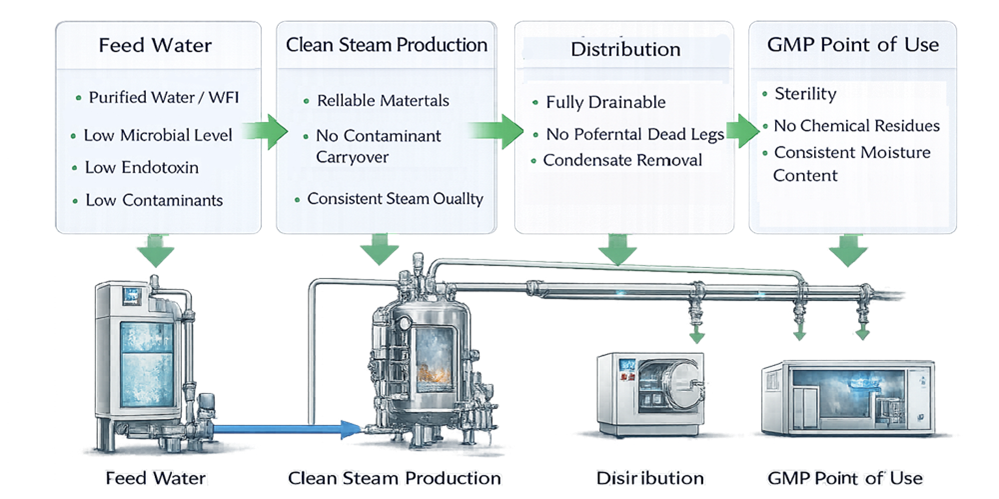 Clean steam quality-attribute linkage showing how feed-water quality, generation, separation, distribution, and condensate control affect chemical and physical quality at GMP points of use.